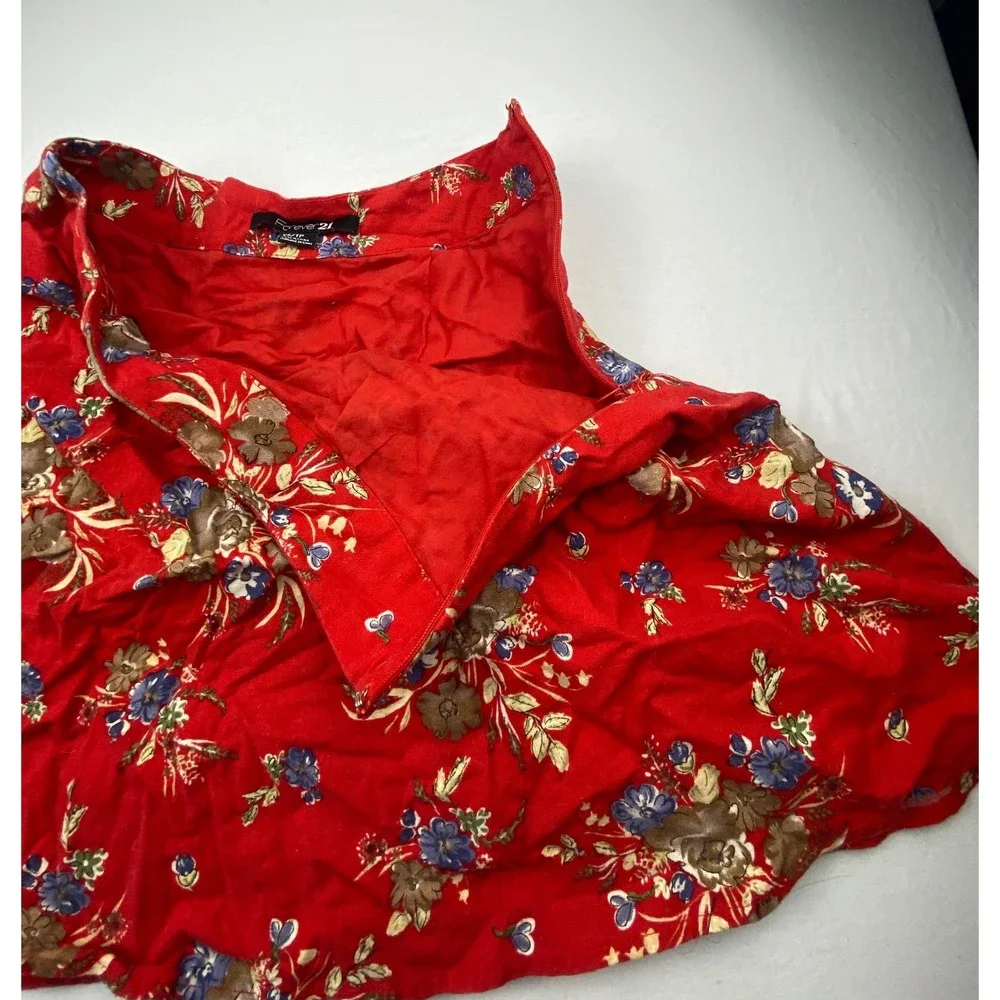 Forever 21 Red Floral Cotton Mini Skirt XS A-Line Side Zip Lined Casual Summer